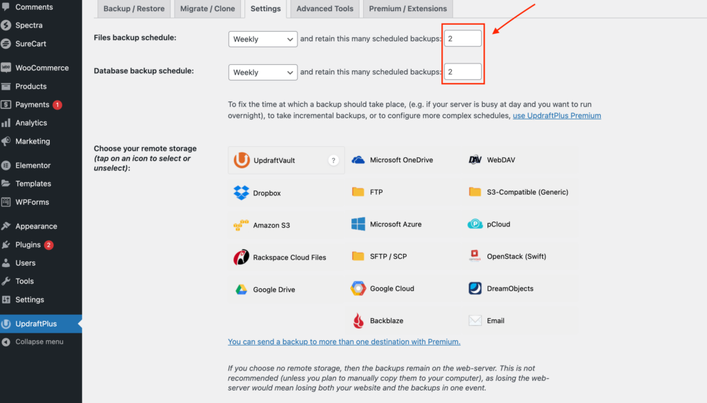 UpdraftPlus Plugin Settings- Retaining number of backups